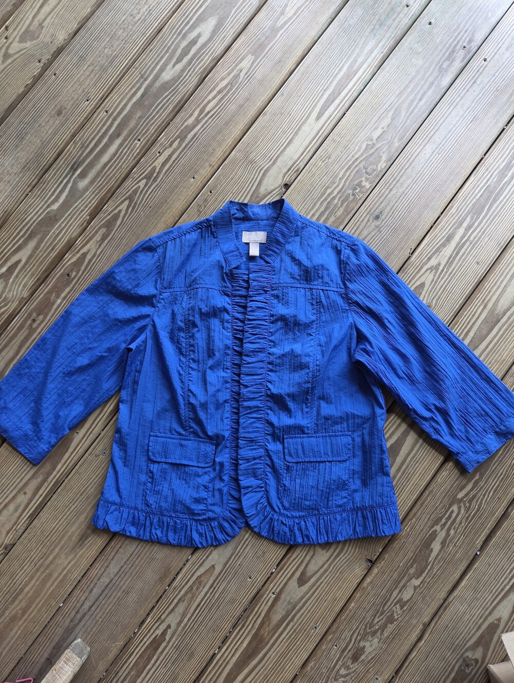 Chico's Royal Blue Crinkle Textured Ruffle Trim Open Front Jacket Size 2 L Large
